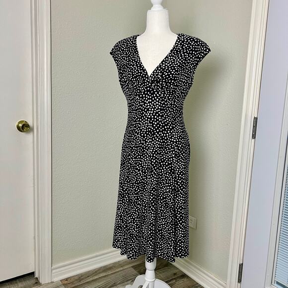 Chaps‎ Black & White Polka Dot Cap Sleeve Retro Midi Dress Size Medium - Picture 2 of 10